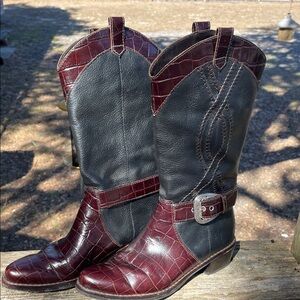 Brighton Western Style Boots “Will” w/Croc Accents & Silvertone Buckles - Sz. 7M